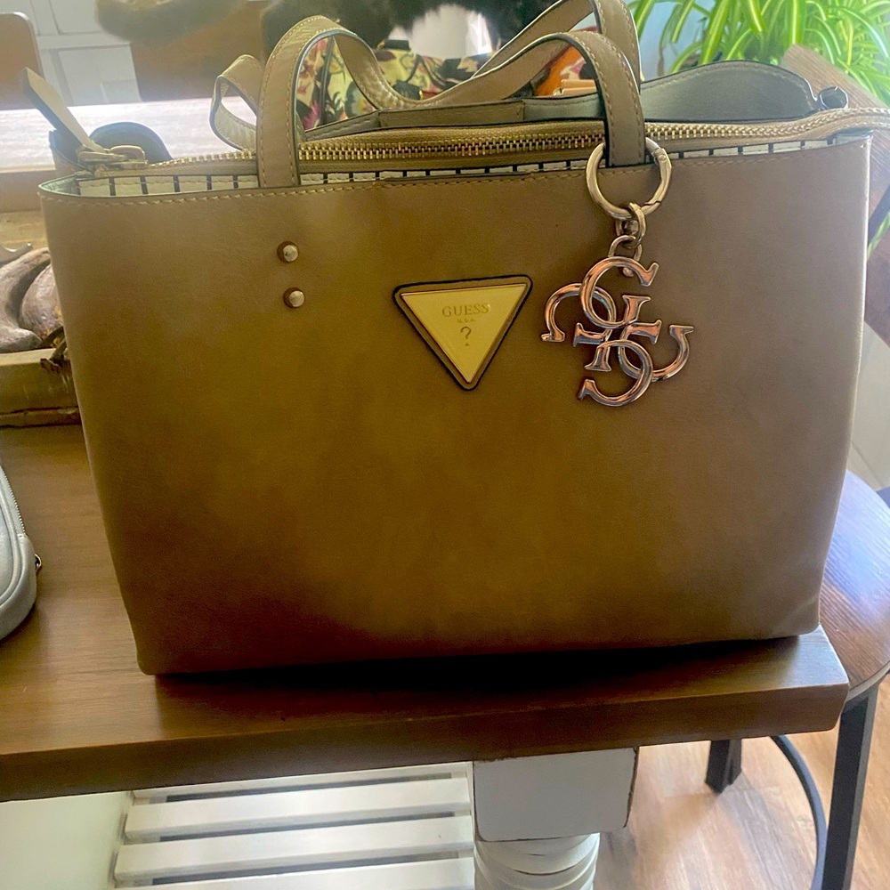 Guess Brown Leather Tote with Gold Accents